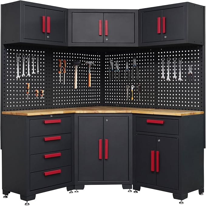 Corner Workshop Set,10-Pcs Garage Cabinets and Storage System with Corner Cabinet, Cabinet Drawers, Workbench, Pegboard for Tool Organization, Red and Black