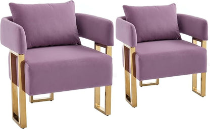 YISHENG Modern Barrel Accent Chairs Set of 2, Living Room Side Chairs with Golden Metal Legs Velvet Upholstered Reading Armchairs no Wheels for Vanity/Reception Room//Bedroom/Lounge/Office, Purple