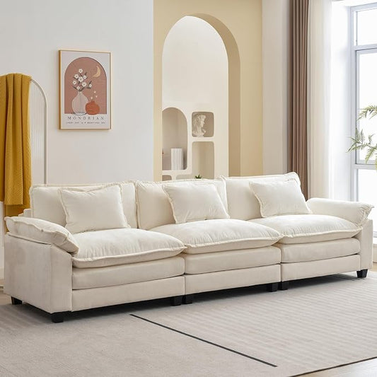 Oprisen 120" Modular Sectional Sofa, Comfy Cloud Couch Sectional Sofa, Chenille Sofa Sleeper Deep Seat Sofa with Throw Pillows for Living Room (Beige White, 120"- 3 Seater)