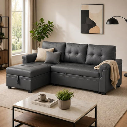 Naomi Home 84" L-Shaped Sectional Sleeper Sofa with Pull Out Bed | Sleeps Guests Comfortably, Stores Essentials in Chaise & Saves Space, Air Leather, Dark Gray Convertible Sofa Bed