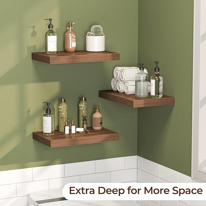 Fun Memories Floating Shelves for Wall 16 Inch Set of 3, Farmhouse Floating Shelves with Invisible Heavy Duty Bracket, 10 Inch Deep Bathroom Shelves for Storage, Living Room, Kitchen, Decor, Walnut