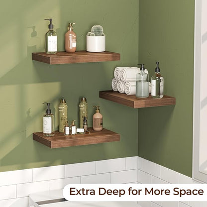 Fun Memories Floating Shelves for Wall 16 Inch Set of 3, Farmhouse Floating Shelves with Invisible Heavy Duty Bracket, 10 Inch Deep Bathroom Shelves for Storage, Living Room, Kitchen, Decor, Walnut