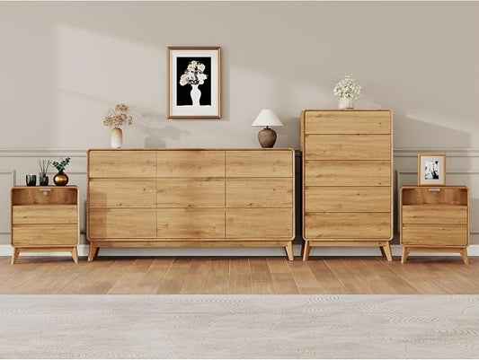4-Piece Farmhouse Bedroom Storage Set, Dresser and Nightstand, Natural | 5-Drawer Chest & 9-Drawer Dresser, NightStand Set of 2 with Charging Station, Handle-Less Design, Rounded Corners