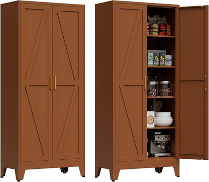 Brown Metal Storage Cabinet,71" Tall Farmhouse Storage Cabinets with 2 Morden Rhombus Doors and 4 Adjustable Shelves, Rustic Freestanding Cupboard for Kitchen,Home Office Living Room,Dining Room