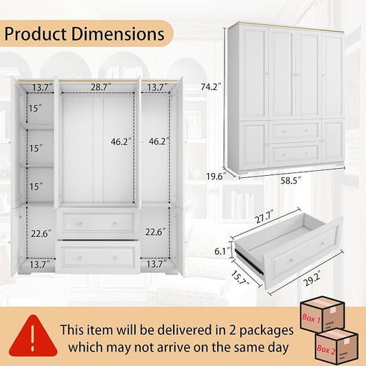 Bedroom Armoire Wardrobe Closet with Drawers: White Wardrobe Closet for Hanging Clothes, Large Wardrobes Storage Closets, Wood Closets Cabinets with Doors and Shelves (White, 59")