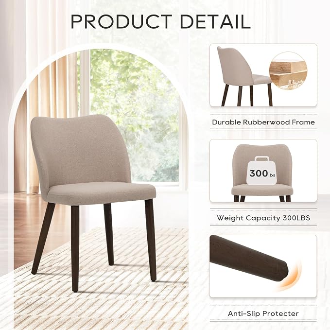 COLAMY Upholstered Dining Chairs Set of 2, Modern Fabric Dining Room Kitchen Side Chair with Padded Seat and Wood Legs for Restaurant/Cafe, Camel