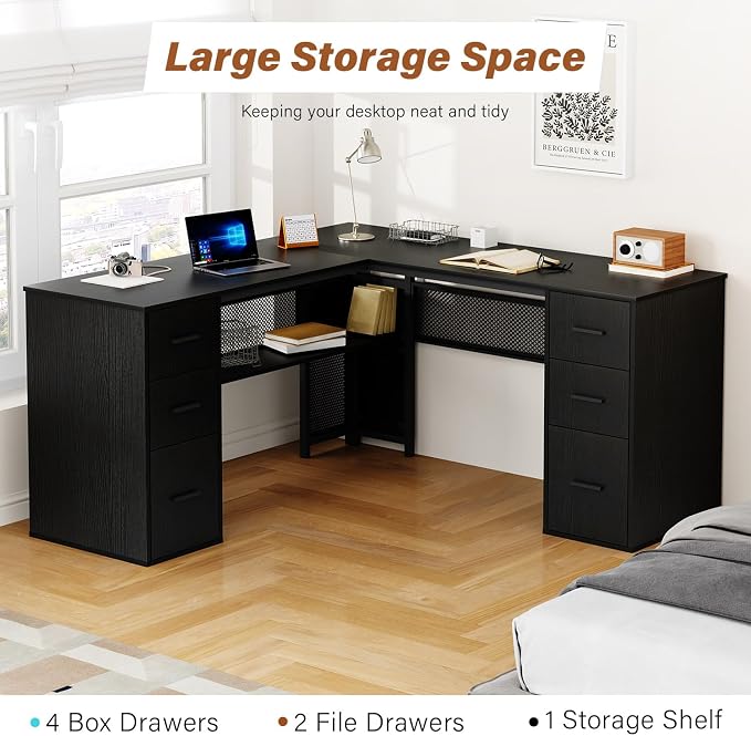 HSH Black L Shaped Desk with File Drawers Shelves, Reversible Corner Metal Wood Computer Desk with Storage Cabinet, Modern Large Executive Work Writing Study Table for Home Office Bedroom, 59 Inch
