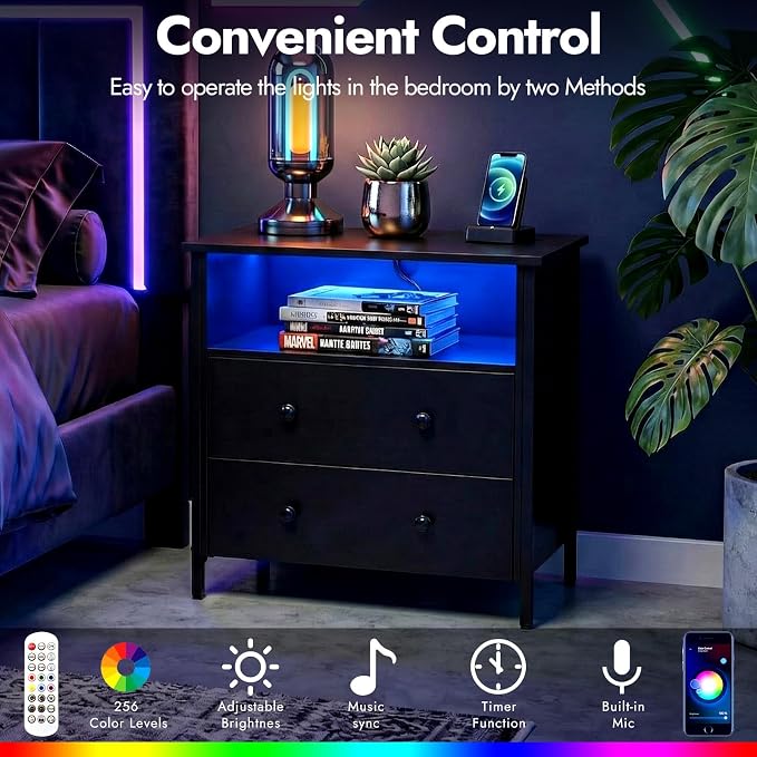 27" LED Nightstand Set 2 with Charging Station, 2 Drawers, Black. | Solid Wood and Steel Frame, 2 AC Outlets, 2 USB Ports, RGB App Control, Open Storage, Adjustable Feet, for Bedroom or Office