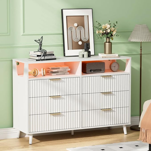 VINGLI Fluted White Dresser, Led Dresser 6 Drawer, White Wood Bedroom Dressers TV Stand, Modern, 47" W*15.75" D*33" H