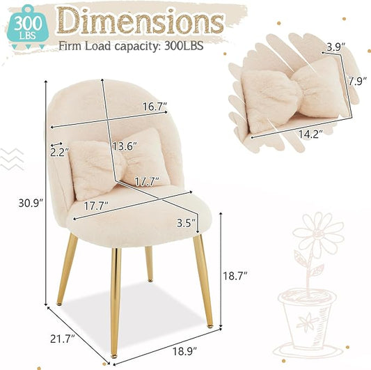 VINGLI Boucle Girls Vanity Chair with Back & Pillow,Cute Small Cozy Desk Chair No Wheels,Comfy Makeup Ch with Ajustable Gold Legs,for Bedroom,Living Room,Small Space,Khaki