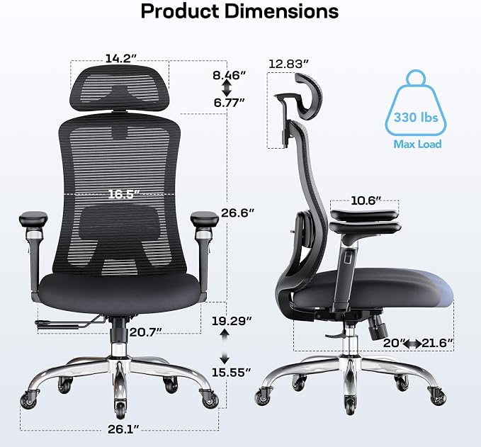 Marsail Ergonomic Office Chair with 6D Armrests, 3D Adjustable Headrest, Slide Seat, Lumbar Support, and 4-Position Tilt Lock – Big and Tall Office Chair with 330 lbs Capacity, Pack of 2