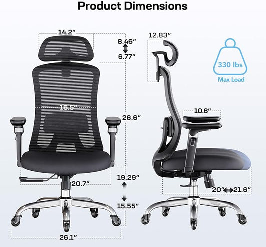 Marsail Ergonomic Office Chair with 6D Armrests, 3D Adjustable Headrest, Slide Seat, Lumbar Support, and 4-Position Tilt Lock – Big and Tall Office Chair with 330 lbs Capacity, Pack of 4