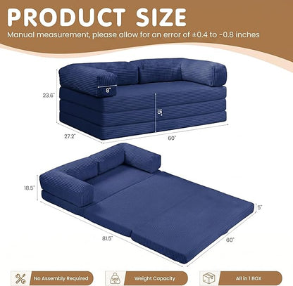 Convertible Sofa Bed Queen,5-in-1 Boneless Couch with Removable Armrests & Handle,Corduroy Futon Sleeper Sofa,Floor Folding Mattress Pull Out Bed for Small Space Apartment Living Room Bedroom,Blue