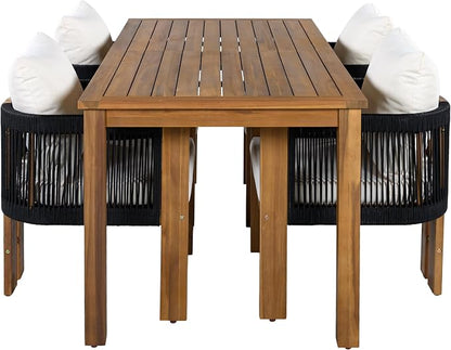 Quarte Luxury 4-Person Outdoor Dining Set: Solid Acacia Wood Table with Rope-Woven Chairs & Comfy Cushions for Patio, Garden, Poolside or Deck (Black,Brown-R)