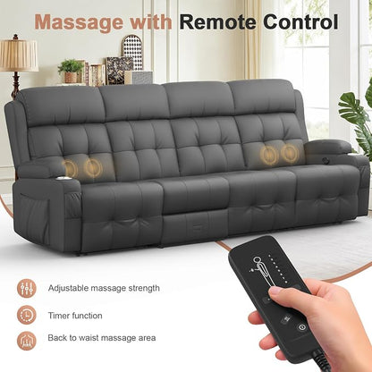 Reclining Couch, 113" PU Leather Sofa Recliner with Massage - 4 Seat Home Theater Seating Comfy Soft, Manual Wall Hugger Reclining with Lumbar Support Sofa Set for Family Living Room, Dark Gray