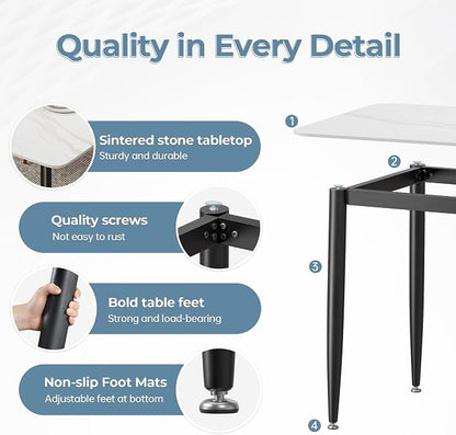55" White Glossy Rectangular Sintered Stone Dining Table With Metal Legs | Versatile kitchen furniture for indoor and outdoor placement, matched with adjustable silent foot pads.