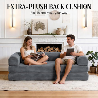 78.8" Memory Foam Boneless Couch, Corduroy Floor Sofa Bed, Convertible Sleeper Futon Loveseat, Wide Armrests & Back Support, Supports Up to 1200 lbs, Couch in a Box with 2 Pillows, Dark Grey