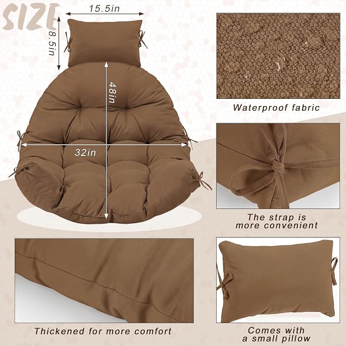 Tudomro Brown Waterproof Egg Chair Cushion with Pillow Filling 2.58 kg Replacement Rocking Wicker Chair Cushion 48" x 32" High Back Hanging Swing Hammock Pad Thicken for Outdoor Patio Garden