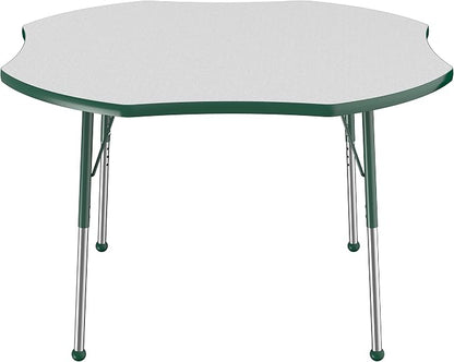 FDP Clover Activity School and Office Table (48 x 48 inch), Standard Legs with Ball Glides for Collaborative Seating Environments, Adjustable Height 19-30 inches - Gray Top and Green Edge