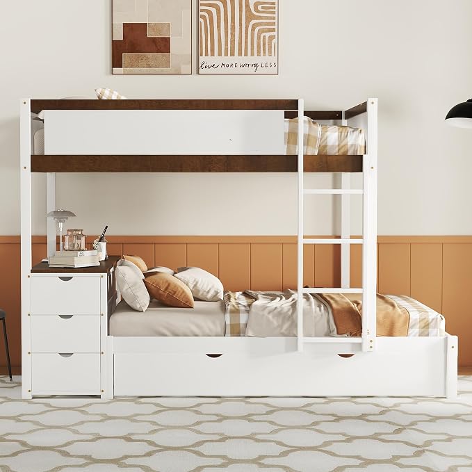 Ball & Cast Full-Over-Full Bunk Bed with Twin Size Trundle,Solid Wood Bedframe W/Desk & Drawers,USB,Space Saving,Easy Assembly,Multifunctional Bedroom Furniture Set for Boys Girls Teens,White+Walnut