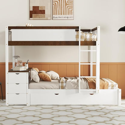 Ball & Cast Full-Over-Full Bunk Bed with Twin Size Trundle,Solid Wood Bedframe W/Desk & Drawers,USB,Space Saving,Easy Assembly,Multifunctional Bedroom Furniture Set for Boys Girls Teens,White+Walnut