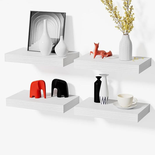 Bathroom Floating Shelves,11.8'' Wall Mounted Wood Shelves,Hanging Shelf for Books/Toiletries/Decor(White,Set of 4)