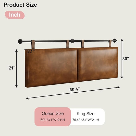 Queen Size Headboard, Wall Mounted Hanging Upholstered Bed Headboard with Modern Design Faux Leather Padded Headboards Ideal for Bedroom (Brown Leather, Queen