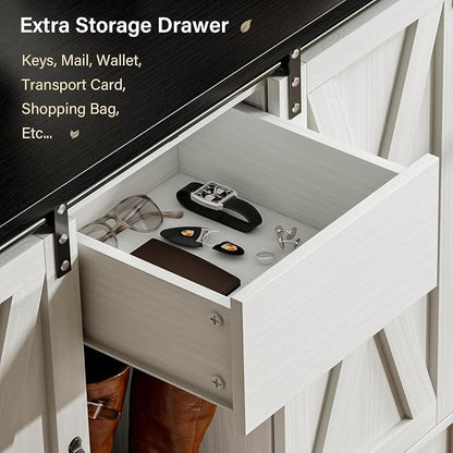 4ever2buy Farmhouse Hall Tree with Bench 5-in-1 Entryway Bench with Coat Rack with Sliding Barn Doors Entryway Coat Rack with Shoe Storage