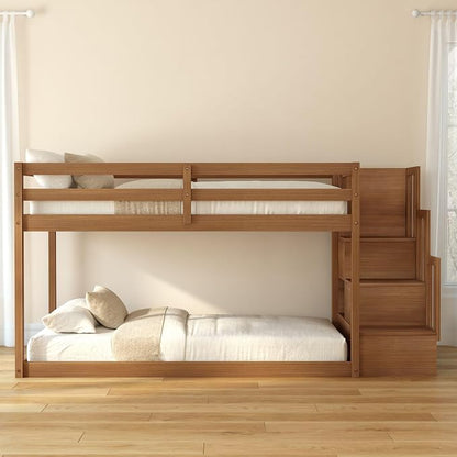 Grain & Grove Bear Twin Over Twin Low Bunk Bed with Staircase, Solid Guardrails, Reversible Stairs, Engineered Wood, Oak Embossed Pecan