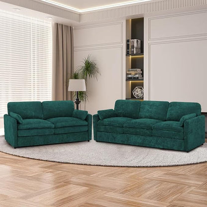 2 Pieces Chenille Sofa Set w/Arm Pillows, Upholstered Loveseat & 3 Seater Sofa w/Comfortable Back Cushions, Modern 2-Seat & 3-Seat w/High-Density Foam for Living Room, Apartment, Teal