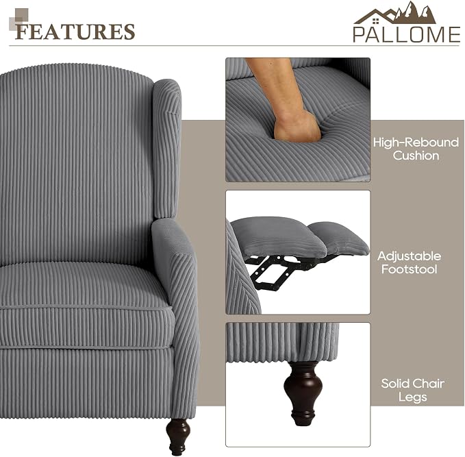 Upholstered Wingback Recliner Chair, Cozy Corduroy Manual Push Back Recliner for Living Room, Bedroom (2, Gray)
