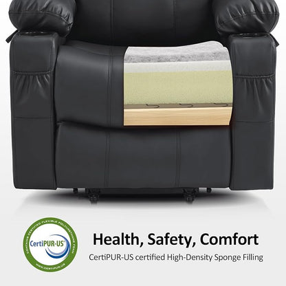 MCombo Power Lift Recliner Chair for Elderly, Lift Chair with Heat and Massage, FSC Certified, USB Ports, Cup Holders, Faux Leather 7040 (Black, Medium)