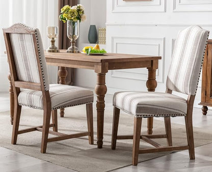 Ealson Mid Century Modern Dining Chairs Set of 2 High Back Padded Parson Chairs with Wood Legs and Nailhead Trim in Linen Brown Stripe