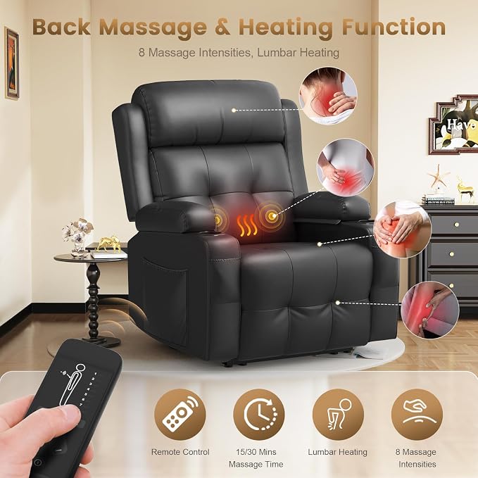 Power Recliner Chair, Home Theater Seating with Heat Massage, Reclining Sofa RV Single Chair, Wall Hugger RV Movie Theater Chairs, RV Furniture Sofas with USB, Cup Holders, Pockets for Gaming Room