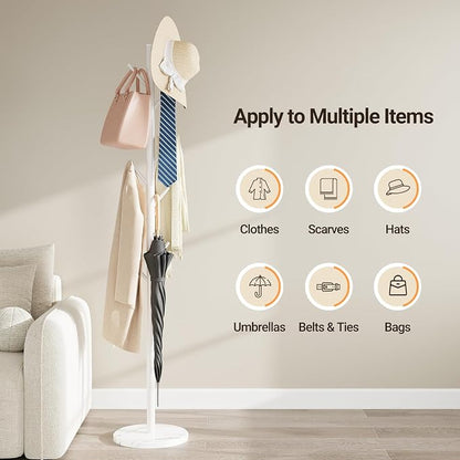 ELYKEN Coat Rack Freestanding with Natural Marble Base, Metal Coat Rack Stand with 10 Hooks, 3 Adjustable Size Coat Tree for Bags, Clothes, and Hats for Entryway, Bedroom, Hallway, Office, White