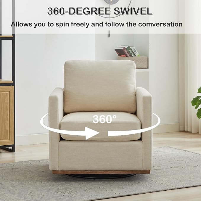 Swivel Accent Chair, 360 Degree Square Swivel Chair for Living Room, Mid Century Modern Upholstered Barrel Chair,Comfy Sofa Armchairs for Bedroom,Nursery,Chenille, Beige