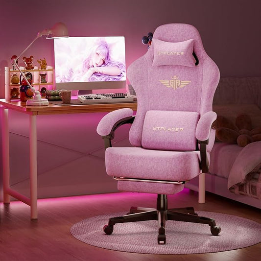 GTPLAYER Big and Tall Gaming Chair with Pocket Spring Cushion, High Back Ergonomic Computer Chair with Footrest for Adults Lumbar Support Swivel Game Chair for Office Gaming 350LBS, Fabric Pink