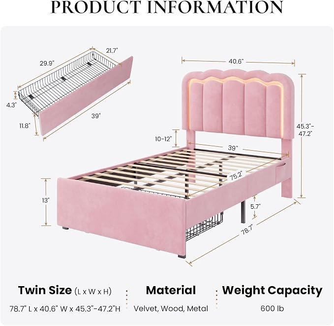 SHA CERLIN Upholstered Twin Size Bed Frame with LED Lights and Large Storage Drawer, Velvet Platform Bed with Adjustable Wavy Headboard, Noise Free, Easy Assembly, No Box Spring Needed, Soft Pink