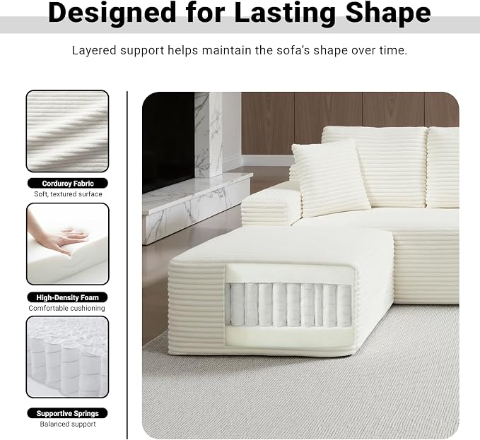 ivoros 111 Inch Modular Sectional Sofa Couch, Oversized Modern Cloud Couch for Living Room, L Shape Couches with Ottomans, USB Ports and Cup Holders, Beige Corduroy Boneless Sofas, Sofa in a Box