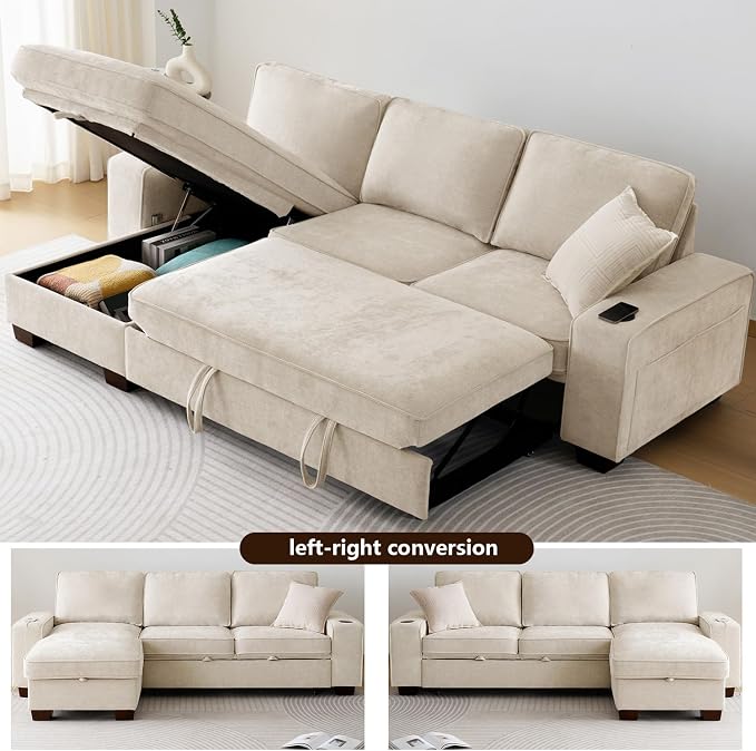 99" Convertible Sleeper Sofa Bed,L Shaped with Storage Chaise Pull Out Couch for Living Room,USB and Type-C,Removable Washable Chenille Covers (Beige)