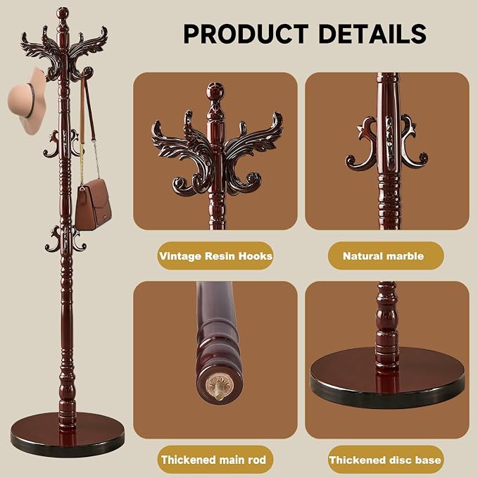 Wooden Coat Rack Stand, Natural Birch Wood Coat Rack Freestanding with Triangular Base, Sturdy Solid Wood Coat Racks with 14 Hooks, Vintage Coat Hall Clothes Tree for Entryway, Office, Corner