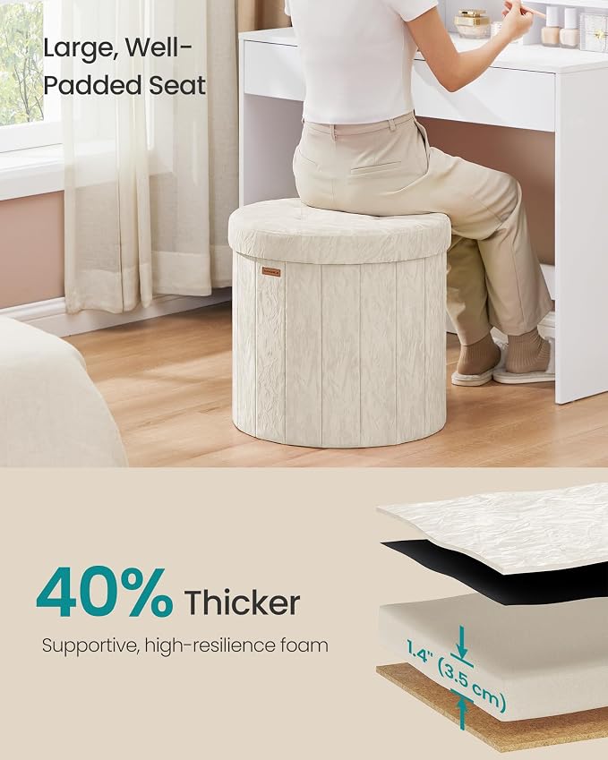 SONGMICS Mazie Collection - Round Storage Ottoman, Folding Footrest Stool with Removable Lid, Easy Assembly, PU Leather Vanity Stool for Bedroom, Living Room, Entryway, Cream White ULSF609WD01