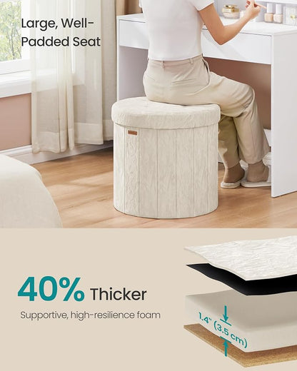 SONGMICS Mazie Collection - Round Storage Ottoman, Folding Footrest Stool with Removable Lid, Easy Assembly, PU Leather Vanity Stool for Bedroom, Living Room, Entryway, Cream White ULSF609WD01