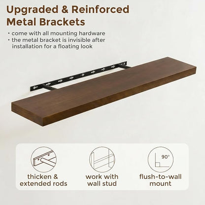 fuqing 40 Inch Floating Shelves | 6.7 Inch Deep Dark Wood Floating Shelves for Wall Set of 2 | 40''W x 6.7''D x 1.4''H Dark Wood Shelves for Living Room Bathroom Bedroom Kitchen Home Office