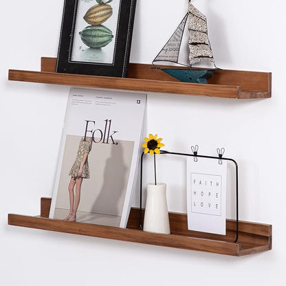MBYD Floating Wall Shelves Wood Photo Picture Ledge Shelf, 24 Inch Light Walnut Nursery Kids Bookshelf 3 Same Sizes, Kitchen Spice Rack Bathroom Storage Shelves, Wall Mounted Shelves for Bedroom