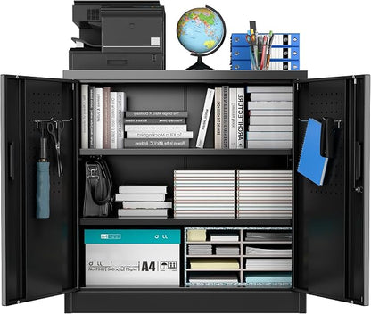 Metal Garage Storage Cabinet with Lock and Pegboard, Locking File Cabinets with Doors and Shelves for Office,Home,Garage,Gym, School, Assembly Required, Black