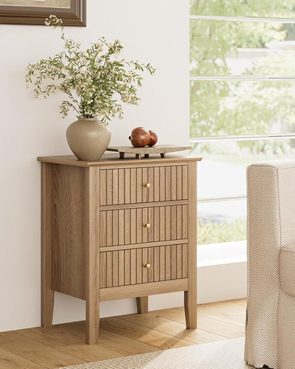 Fluted Nightstand, Vintage Night Stand with 3 Drawers, Mid Century Modern Side Accent Table,Bedside End Table for Bedroom, Living Room, Natural
