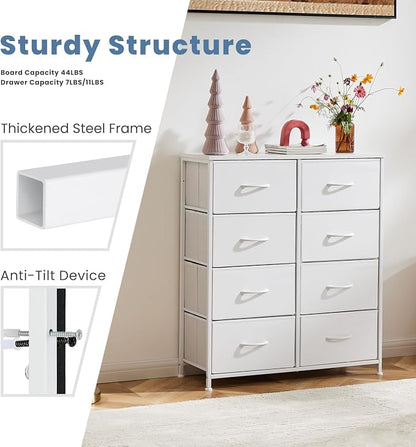 DUMOS Dresser for Bedroom with 8 Fabric Drawers, Tall Chest Organizer Units for Clothing, Closet, Kidsroom, Storage Tower with Cabinet, Metal Frame, Wooden Top, Lightweight Nursery Furniture, White