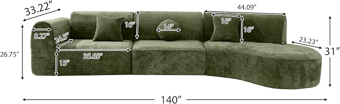 Merax 3-Piece 140" Sectional Modular Sofa Set, 4 Seat Curved Modern Cloud Couch with Chaise Lounge, 3 Pillows, Fully Assembled High-Density Compressed Sponge for Living Room, Green