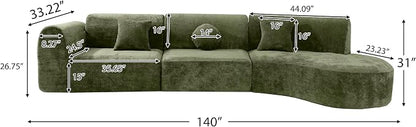 Merax 3-Piece 140" Sectional Modular Sofa Set, 4 Seat Curved Modern Cloud Couch with Chaise Lounge, 3 Pillows, Fully Assembled High-Density Compressed Sponge for Living Room, Green